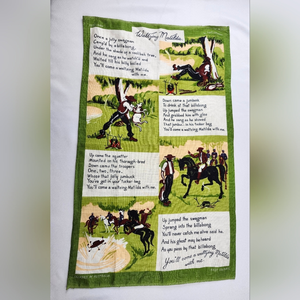 Green 100% Linen Tea Towel Waltzing Matilda Francois By Heil Australia Horses